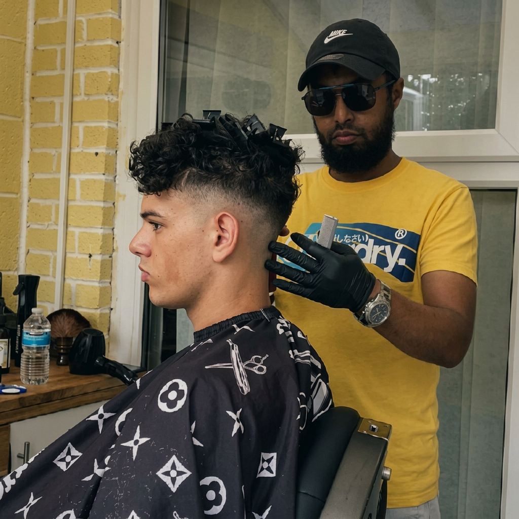 Fosho cutting a client's fade at Fosho Cutz